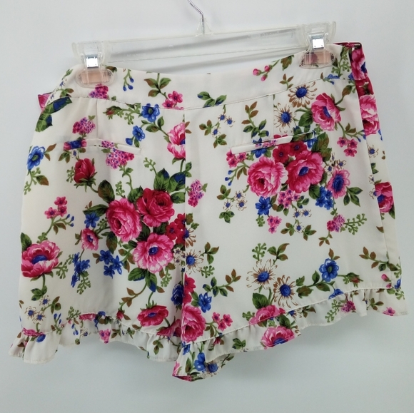 Forever 21 White Floral Ruffle Shorts Pink Blue Flowers L Spring Hidden Zipper - Picture 4 of 9